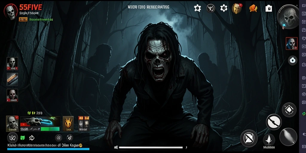 Tampilan gameplay 55FIVE dengan suasana horor yang mengintimidasi.
