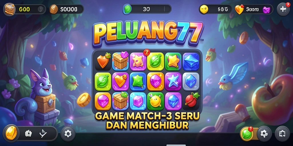 Tampilan gameplay PELUANG77 yang menarik dan penuh warna dalam permainan Match-3.