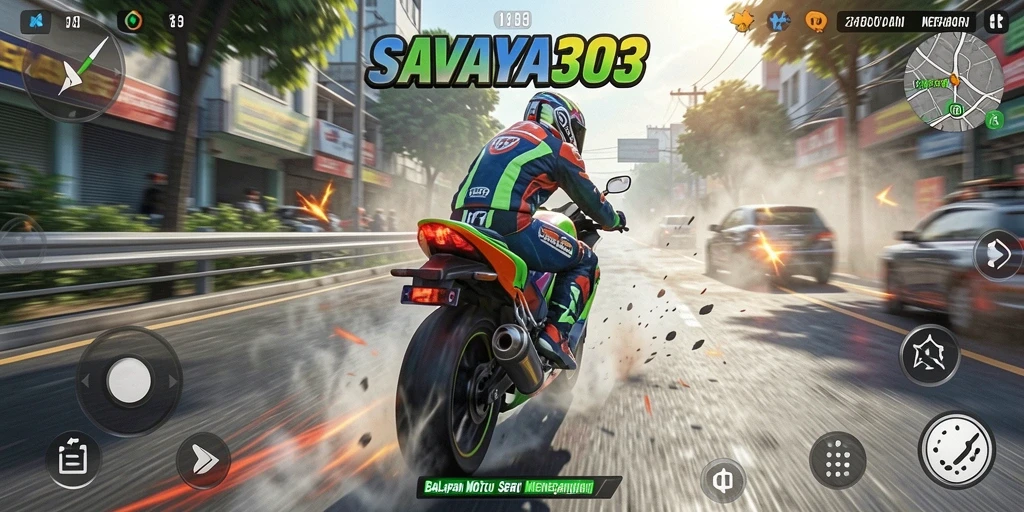 Screenshot SAVAYA303 menampilkan adegan balapan motor yang mendebarkan.